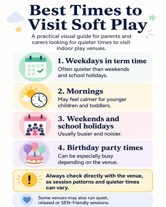 Infographic explaining that weekdays in term time and mornings may be quieter for soft play visits, while weekends, school holidays and birthday party times are often busier.