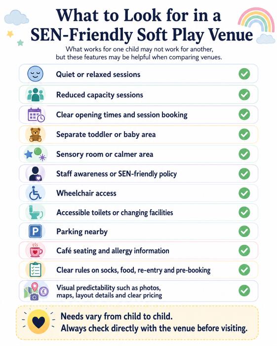 Checklist infographic showing features parents may look for in a SEN-friendly soft play venue, including quiet sessions, reduced capacity, calm spaces, accessibility, parking and allergy information.